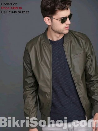 Men's Pure Leather Jacket - Olive - L-1 - UNQ
